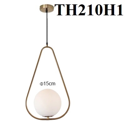 Đèn thả thủy tinh đơn TH210H, thân tam giác mạ đồng chao thủy tinh đục D150, G9x01, KT(mm):